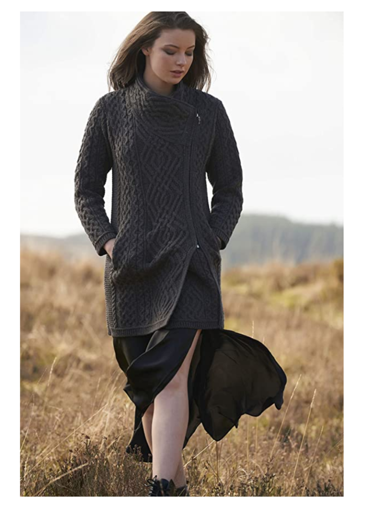 Aran Crafts Women's Irish Soft Cable Knitted Side Zip Coat (100% Merino Wool) 