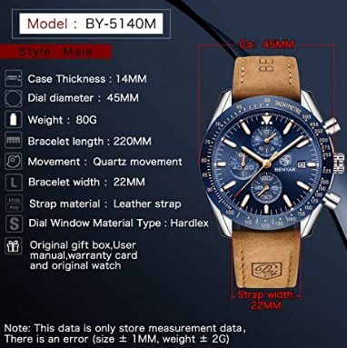 BENYAR Chronograph Mens Watch Quartz Movement 30M Waterproof - Leather Watch Strap - Chronograph - Analogue Watch - Business Watch - Scratch Resistant Watch - Mechanical Watch 2