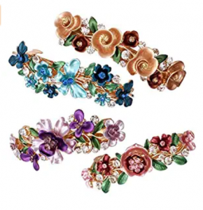 4 Colorful Vintage Decorative Flower Design Metal Gold Tone French Barrettes Hair Clasps Accessories Women Girls