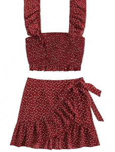 MakeMeChic Women's Two Piece Ruffle Trim Cami Crop Top and Wrap Skirt Set
