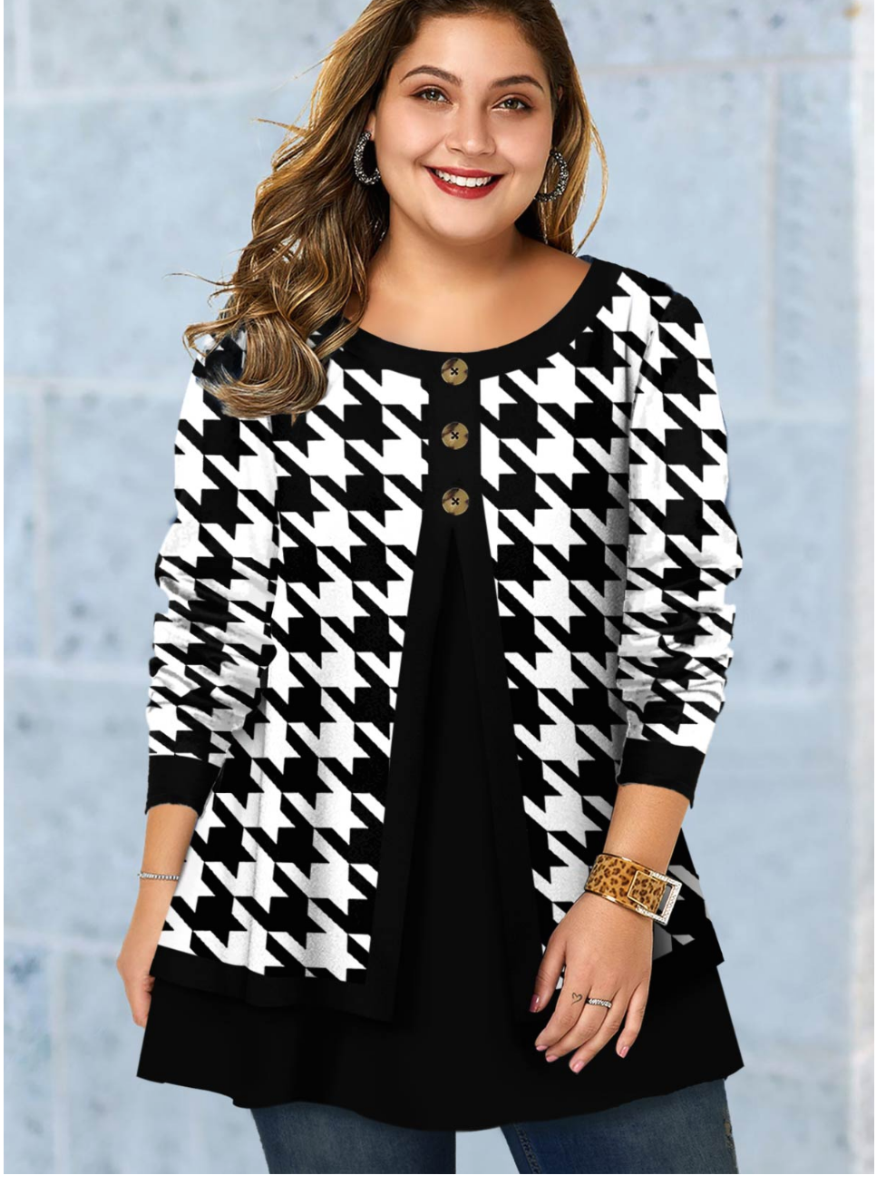 ROTITA Plus Size Button Houndstooth Print T-Shirt Review